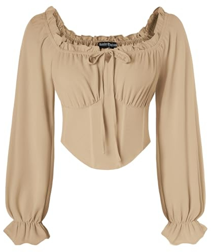 SCARLET DARKNESS Women's Medieval Crop Top Long Sleeve Corset Tops Square Collar Elastic Waist Pirate Shirt
