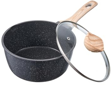 VEVOR Cacerola de Gran Capacidad de 2,37 L con Tapa de Vidrio Templado, Olla para Sopa y Verduras con Asa Extraíble, Revestimiento Antiadherente, Aleación de Aluminio, Negro, 370 x 210 x 155 mm
