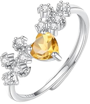 LCDIUDIU Sterling Silver Rings for Women,Heart Shaped Natural Topaz Amethyst Ruby Solitaire Engagement Ring for Women Cz Star Planet Band Adjustable Anniversary Wedding Promise Band Citrine