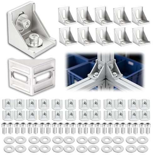 12 Stück 30×30 Aluprofil Winkel 90° mit Befestigungsmaterial Silber | Aluminiumlegierung, mit Schrauben, Muttern & Unterlegscheiben, Für Strebenprofile, 3D-Drucker und DIY-Projekte