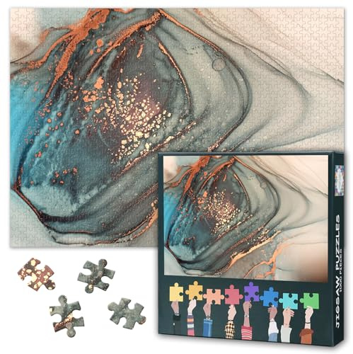 1000 Teile Puzzle für Erwachsene Abstrakte Blau Marmor Aquarell Kunst Beige und Indigo Ölmalerei Modernes Abstract Puzzle mit Aquamarin Streifen Wanddeko 70x50 cm