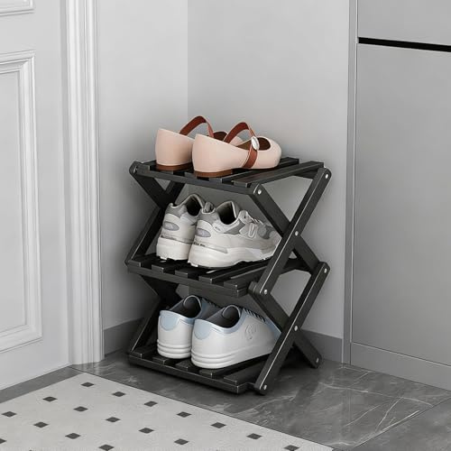 GIRYES Kleines Schuhregal, schwarz, 3 Etagen, Bambus, faltbar, Schuh-Organizer, freistehendes Regal für Eingangsbereich, Schlafzimmer, Schrank, Wohnzimmerecke, keine Installation erforderlich