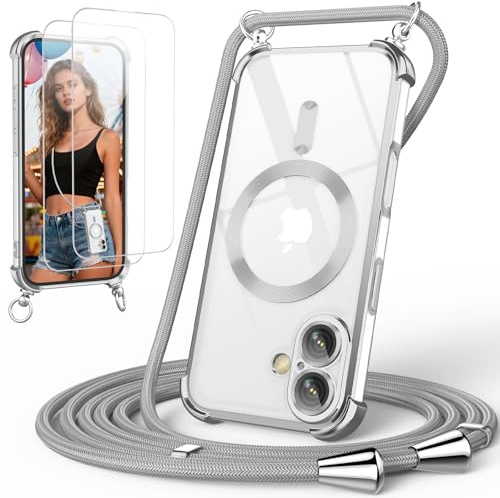 GOODVISH Handykette für iPhone 17 Hülle mit Band Magnetisch, Silber | mit 2 Stück Schutzfolie, mit Kamera Schutz, Necklace Handyhülle mit kette für 17 6,3, Transparent 360° Schutz Case