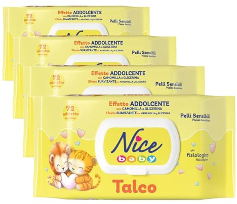 Nice - Lingettes nettoyantes pour enfants et nourrissons - Avec camomille et glycérine - Parfum doux au talc - Testé dermatologiquement - Format : 72 Lingettes - (Lot de 4)