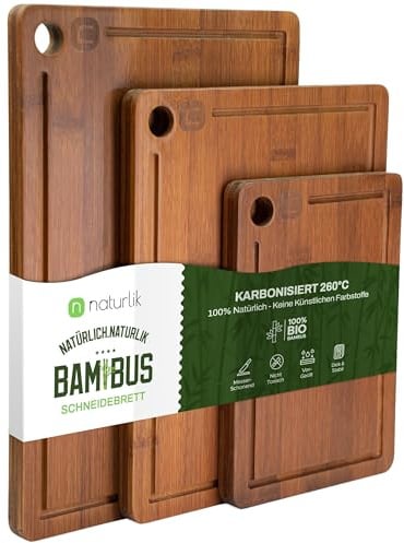 naturlik Set 3 Taglieri Bambù Carbonizzato con Scanalatura | Tagliere Legno per Carne, Salumi e Formaggi | Tagliere da Portata | Pre-Oliato, Senza BPA, Ecologico | 3 Misure: 33×22/28×22/22×15 cm