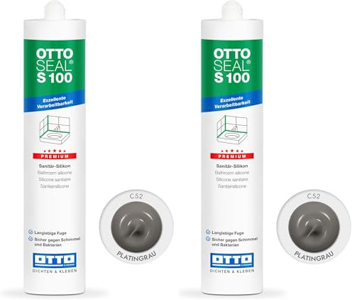 OTTOSEAL S 100 Premium-Sanitär-Silikon 300ml C52 platingrau – Sicher gegen Schimmel & Ideal für Bad, Küche & Wohnbereich – Hervorragend Glätt- & Modellierbar (Packung mit 2)