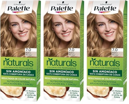 Schwarzkopf Palette Naturals Color Creme - Tono 7 cabello Rubio Medio - Coloración Permanente – Óptima cobertura de canas – Colores naturales (Paquete de 3)