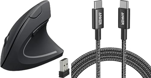 Anker 2.4G Wireless Vertical Ergonomic Optical Mouse&USB C Charger Cable (6ft/1.8m Nylon 100W), 800/1200 /1600 DPI, 5 Buttons for Laptop, Desktop, PC, Macbook