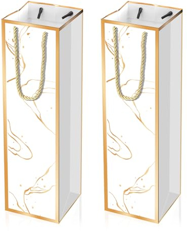 2 PCS Luxury Wine Gift Bags, White Wine Bottle Gift Bags with Gold Foil Print, Reusable Liquor Bag with Handles, Elegant Champagne Bag for Wedding Party Anniversary Birthday Christmas Holiday