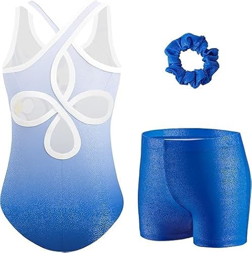 Arshiner Mädchen Gymnastikanzug 3-teilig mit Shorts Cut-out Glitzer | Ärmelloses Turnanzug-Set mit Gymnastiktrikot Shorts und Haargummi als Ballettanzug Tanzbody und Leotard
