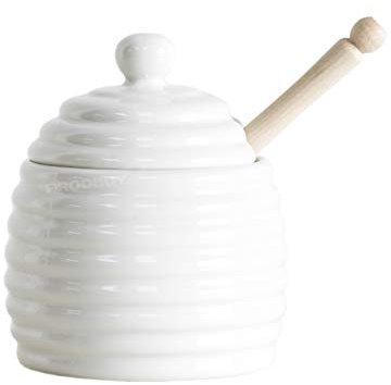 Off White Porcelan Beehive Honey Pot with Wooden Dipper