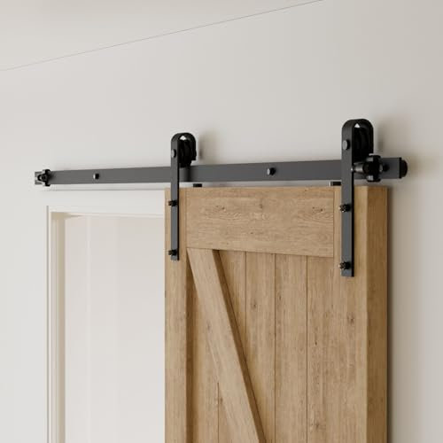 Kit de riel para puerta corredera de madera de granero de 167 cm, puerta única, colgador negro en forma de J