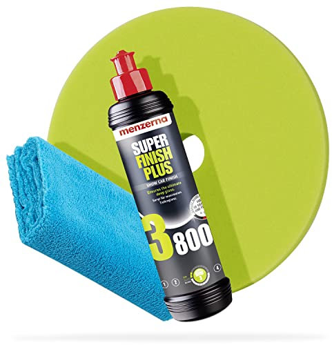 Detailmate Menzerna Auto Politur Set: 3800er Körnung, 250 ml mit passendem Polier Pad: Soft Pad 150 mm / 6.0 + flauschiges Mikrofaser Poliertuch 40x40 cm, 450 GSM