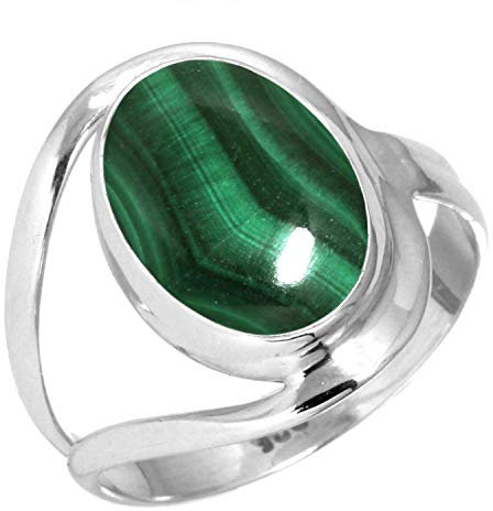 Jeweloporium Grüner Malachit Silberring Größe 63 (20,1), 925 Sterling Silber Ring für Damen, Echter ovaler Edelstein Handgefertigter Schmuck