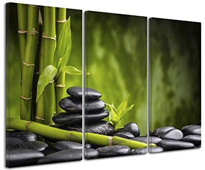 DECLINA Tableau Galets et Bambou - Impression sur Toile décoration Murale Zen - Déco Maison, Cuisine, Salon, Chambre Adulte - Vert 150x100 cm