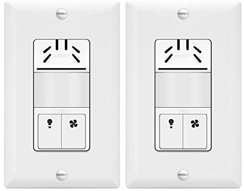 TOPGREENER Dual Tech Humidity Sensor Switch, Infrared PIR Motion & Air Moisture Detection, Bathroom Fan & Light Control, Adjustable Timing, Neutral Wire Required, UL Listed, TDHOS5-2PCS, White 2 Pack