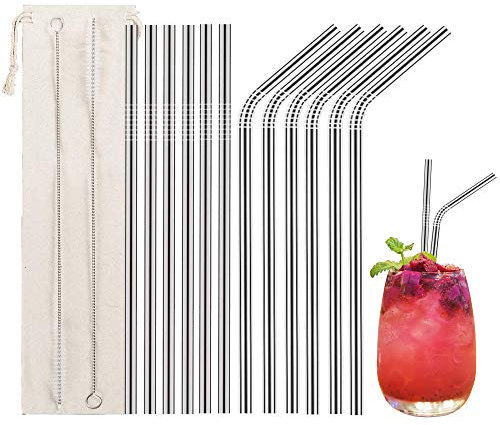 12 pailles en acier inoxydable, pailles métalliques réutilisables avec 2 pinceaux de nettoyage pour smoothies, milkshake, cocktails et boissons chaudes