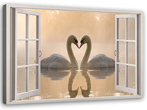 Feeby Wandbilder - Bilder Schlafzimmer - Fensterblick Schwäne See Beige - 120x80 cm XXL 1tlg - Wohnzimmer Bild Groß - Wohnungs - Foto Geschenk - Leinwand Wall Art - Wand Deko