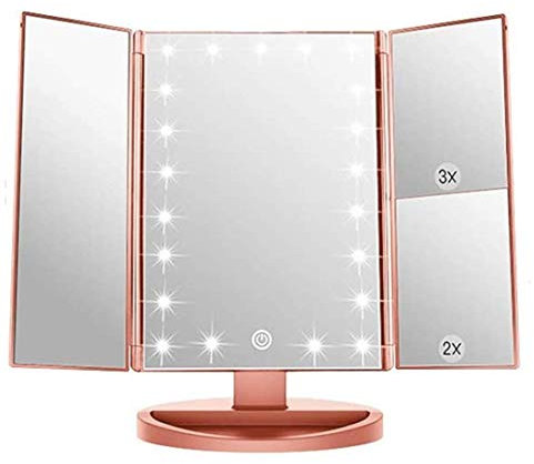 Infitrans Espejo de Maquillaje Iluminado de 3 Pliegues, Aumento 1X/2X/3X, Espejo de Mesa Brillante de 21 Luces LED con Pantalla táctil, rotación Ajustable de 180, Espejo cosmético portátil de Viaje