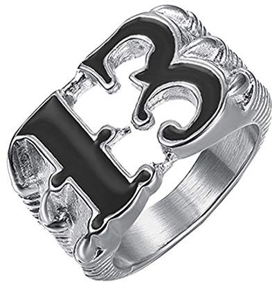 HIJONES Herren Jewellry Number 13 Solide Edelstahl Biker Ring Silber Schwarz Größe 60