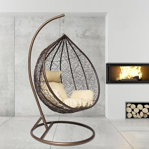 GOODS EMPORIUM Premium Hanging Egg Chair Outdoor Garden Swing Chair Hammock Chair with Cushions - FREE COVER INCLUDED (Large, Brown - Brown - Beige)