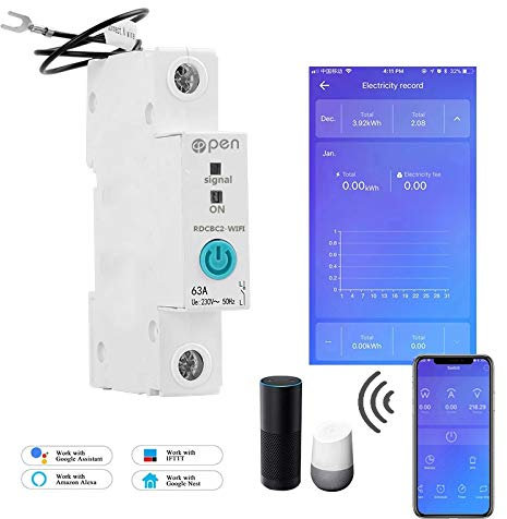 Ewelink APP 1P 63A Rail Din WIFI, contatore di energia intelligente, consumo energetico kWh, interruttore automatico