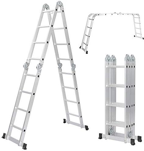 Mehrzweckleiter – klappbar, Aluminium, bis 150 kg, 4 Stufen, (4x4 Sprossen) – Multifunktionsleiter, Vielzweckleiter, Gelenkleiter, Universalleiter, Stehleiter, Aluleiter, Klappleiter