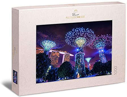 Ulmer Puzzleschmiede - Ambiente-Puzzle „Magisches Singapur“ – Modernes 1000 Teile Städte-Puzzle – die besonderen Nacht-Lichter von Singapur mit dem Marina Bay Sands Hotel, Singapur, Asien
