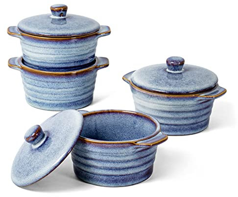 Moule à Soufflé en Porcelaine, UNICASA Mini Cocotte avec Couvercle, Bols à Soupe avec Poignée, Casserole Four de 250ml X 4er pour Soufflé, Muffins, Cupcakes - Bleu Clair