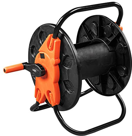 NEO TOOLS Schlauchtrommel bis 60 m Gartenschlauch (1/2) - Schwarz/Orange Schlauchhalter aus Hochwertiger Kunststoff (PP, ABS) und Stahl | Verhindert Schlauchknicken