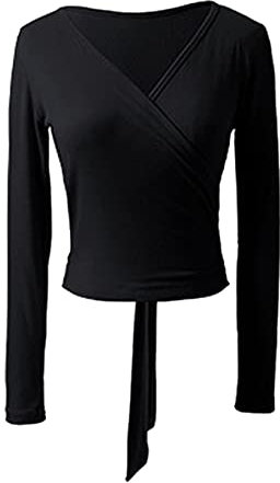 LiiYii Damen Tanzoberteil Ballettjacke V-Ausschnitt Langarm Tanzshirt Yoga Ballett Top Wickeljacke Sweatshirt Langarmshirt für Fitness Gym Schwarz S