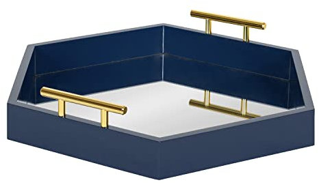 Kate and Laurel Lipton Modernes sechseckiges verspiegeltes Tablett, 45,7 x 45,7 cm, Marineblau und Gold, dekoratives Serviertablett für Aufbewahrung und Präsentation