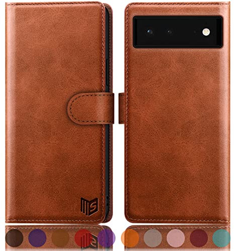 SUANPOT [RFID Schutz für Google Pixel 6A Hülle PU Leder Handyhülle Lederhülle Klapphülle Kartenfach Flip Cover für Pixel 6A Handy hülle Leather Wallet Phone Case (Hellbraun)
