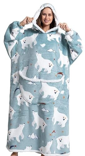 Queenshin Eisbär Übergroßer Hoodie Decke Tragbares Decken für Frauen, Niedlich Langes Dicke Sherpa Pullover Decke für Erwachsene Damen und Herren