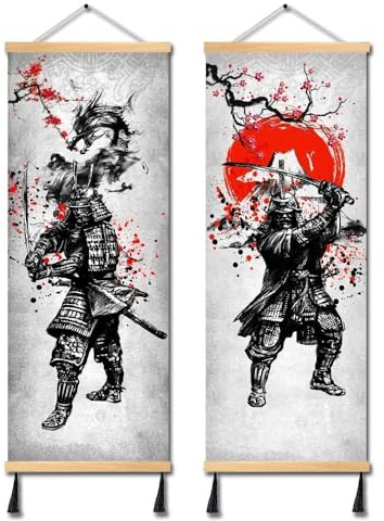 2 Pieces Vintage Style Ancient Japan Warrior Dragon and Fuji Mountain Canvas Samurai Wall Art Print Poster Black And White Artwork Ready To Hang Home Decorations 12x32x2pcs
