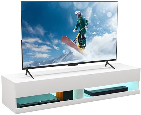 HOMCOM Meuble TV Banc TV Mural Suspendu LED Style Contemporain - placards avec 2 Portes battantes et 2 Passe-câbles - en Bois dim. 150L x 40l x 30H cm Blanc laqué