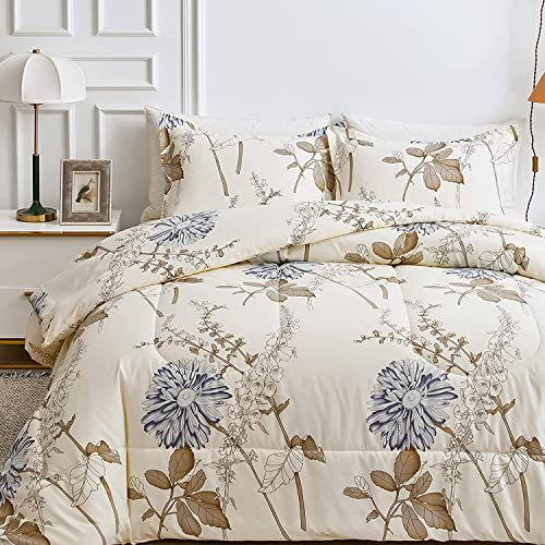 Lanqinglv Bettdecke 220x240cm Ganzjahresdecke 4 Jahreszeiten,Beige Blumenmuster Steppdecke für Allergiker Zudecke Schlafdecke Duvet 220x240 mit 2 Kissenbezug 80x80cm