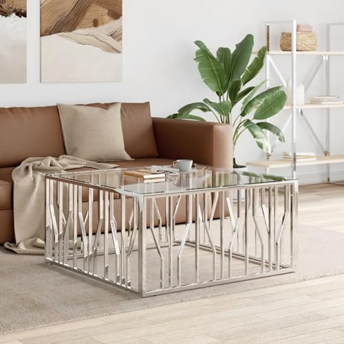 Homgoday Edelstahl & Glas Couchtisch 100x100x50 cm Silber, für Wohnzimmer & Ablage
