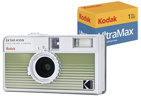 KODAK EKTAR H35N Pack Appareil Photo Demi-Cadre avec Film Kodak Ultramax 400/24EXP 35 mm (Rayures Vertes)