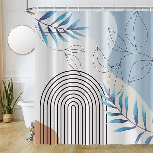 Uiiooazy Rideau Douche Anti Moisissure, Rideau Douche 180x180cm Bleu Boheme Abstrait Rayures Noir Arche Rideaux de Baignoire Tissu Lavable Imperméable Polyester Rideaux Salle de Bain avec 12 Crochets