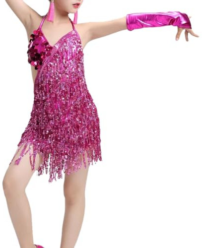 Liujiami Ragazze Paillettes Loop Nappe Abito da Ballo Latino Bambini Salsa Samba Rumba Tango Jazz Carnevale Performance Costume da Competizione, Rosa 120cm (Taglie più Piccole)