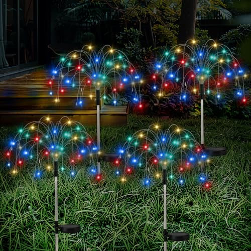 Lewondr Luces Solares de Jardín para Exterior, 120 Luces LED Fuegos Artificiales Solares con 8 Modos de Iluminación, Cadenas Coloridos Guirnalda Decoración Camino Césped Patio Adorno Festivo, 4 Piezas
