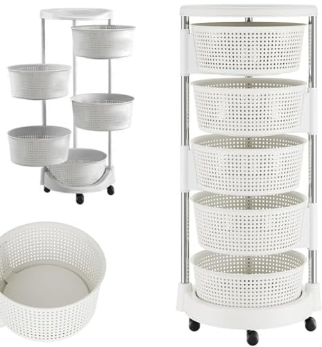 BAKAJI Carro de Cocina frutero con cestas abatibles, Carro portaobjetos Ahorra Espacio con 4 Ruedas giratorias, Estructura de Acero y cestas de plástico, Ideal para Cocina, baño, (5 estantes)