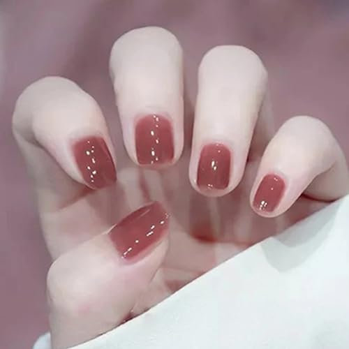 Short Square Dark Blue False Nails Glossy Pure Color Collection,24Pcs Full Cover Acrylic Stick on Nails with Jelly Glue for Women Girls Nails Art (Grapefruit Red)