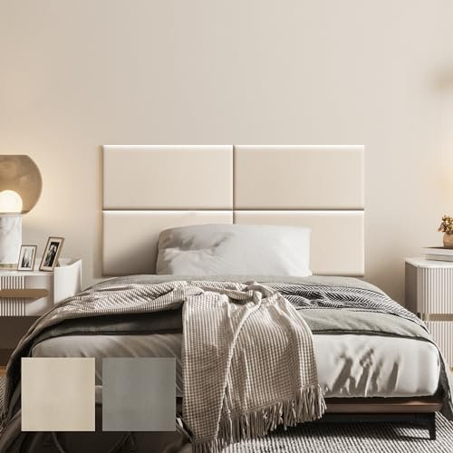 Johnear Testiera da parete per letto singolo e matrimoniale, pannelli da parete imbottiti in pelle, confezione da 4 cuscini da parete 3D, autoadesivi, impermeabili, decorazione da parete acustica, 60