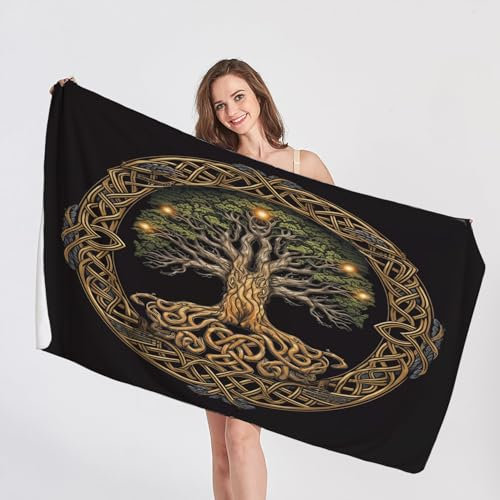 QEODAH Strandtuch Baum des Lebens - Wikinger Badetuch Groß 100x200 - Schnelltrocknend & Ultraleicht & Sandfreie Strandhandtuch, Weich Mikrofaser Handtücher, Pflegeleicht Badetücher Handtuch