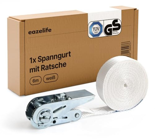 Cinghia di tensione per lavatrice, 6 m, 25 mm, certificata TÜV & GS, per fissare asciugatrice e lavatrice, cinghia con cricchetto, cinghia di ancoraggio, 800 daN, colore bianco