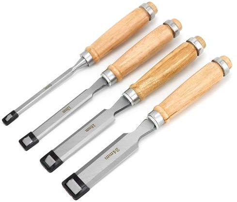 QWORK® 4 Pezzi Scalpelli per Legno 6, 12, 19, 24mm, Set Scalpelli Scalpelli per Legno Professionale con Robusto Cappuccio in Metallo