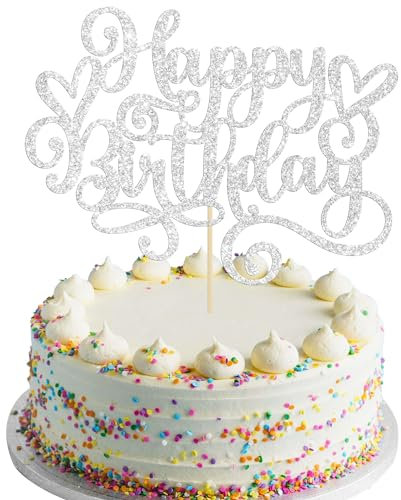 Gyufise 1Pcs Happy Birthday Cake Topper Glitter Cake Pick for Celebrating Anniversary Party Cake Decorations Supplies Silver