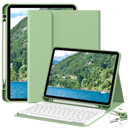 JKSML Tastatur Hülle für iPad (A16) 11 Zoll 2025 & iPad 10 Generation 10,9 Zoll 2022, Bluetooth QWERTZ Tastatur Hülle mit Pencil Halter, Soft TPU Rückseite Gehäuse, Auto Schlafen/Wecken, Matcha Grün